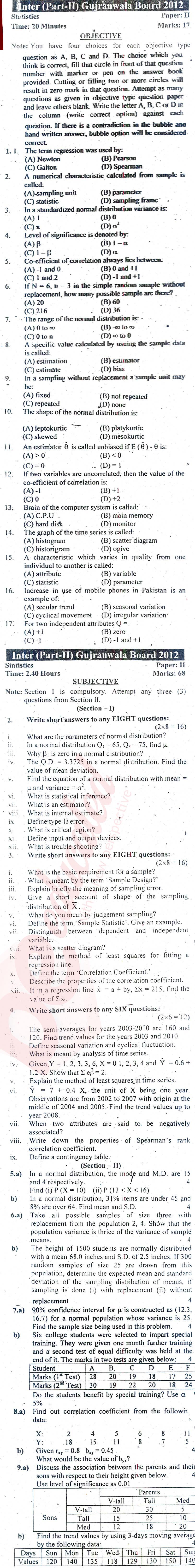 Statistics 12th class Past Paper Group 1 BISE Gujranwala 2012