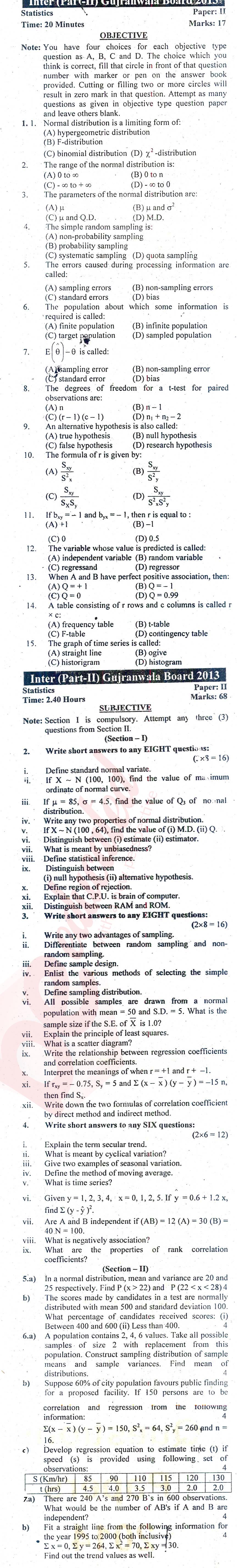 Statistics 12th class Past Paper Group 1 BISE Gujranwala 2013