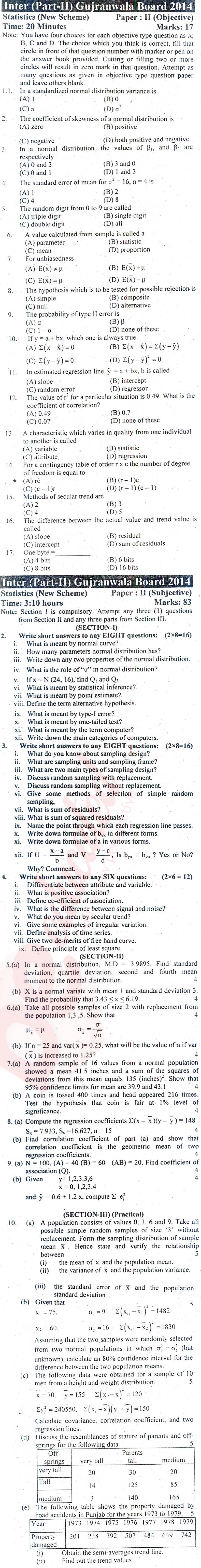 Statistics 12th class Past Paper Group 1 BISE Gujranwala 2014