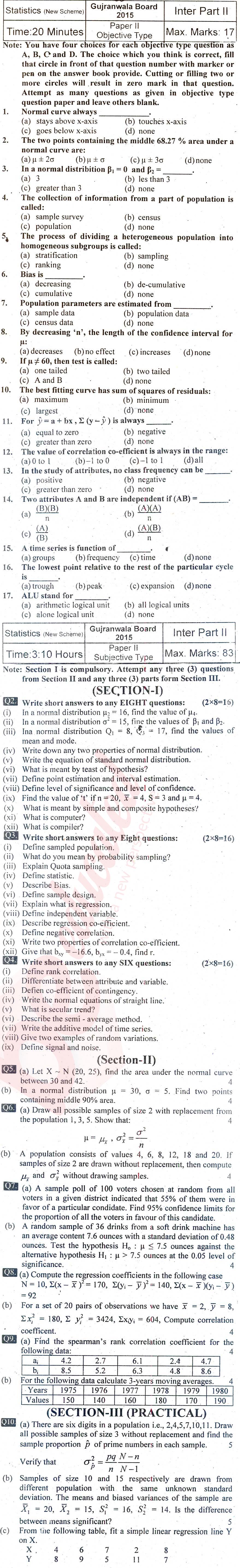 Statistics 12th class Past Paper Group 1 BISE Gujranwala 2015