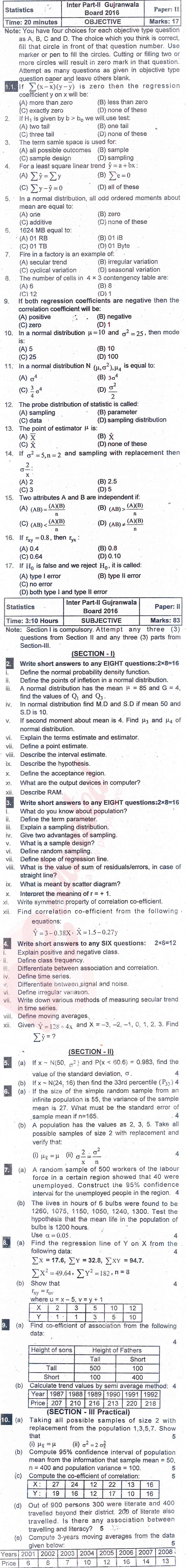 Statistics 12th class Past Paper Group 1 BISE Gujranwala 2016