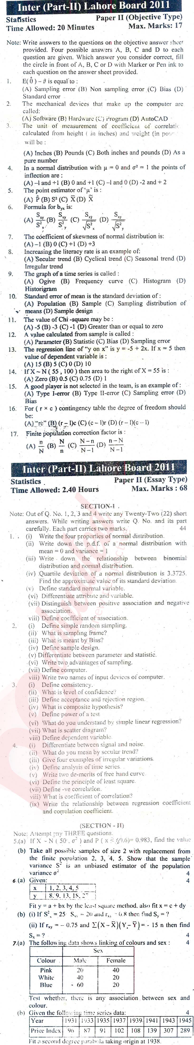 Statistics 12th class Past Paper Group 1 BISE Lahore 2011