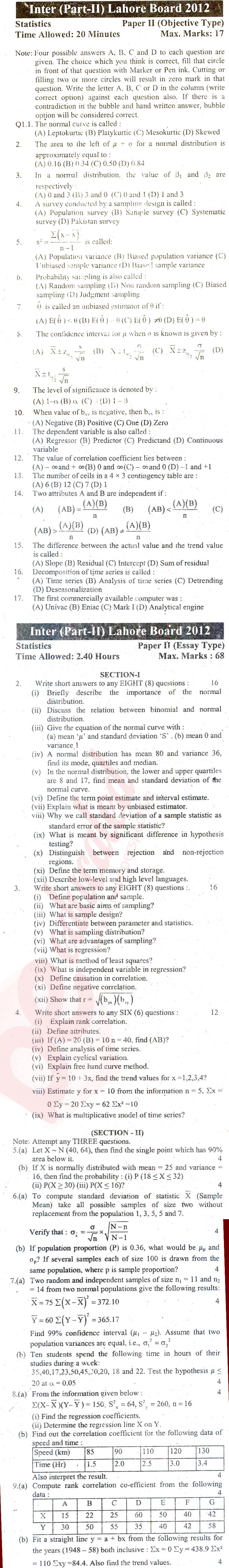 Statistics 12th class Past Paper Group 1 BISE Lahore 2012