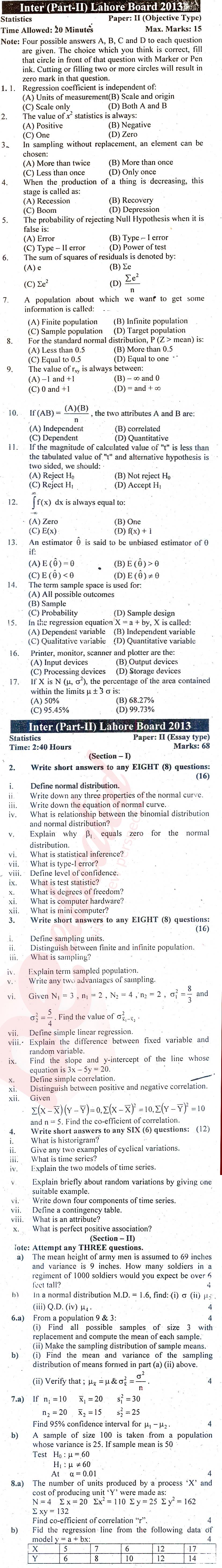 Statistics 12th class Past Paper Group 1 BISE Lahore 2013
