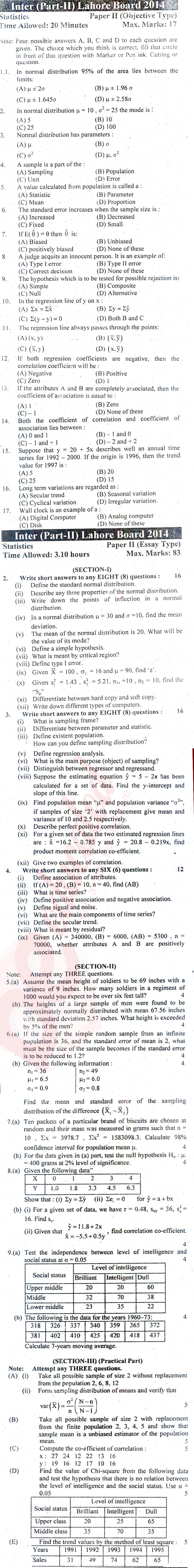Statistics 12th class Past Paper Group 1 BISE Lahore 2014
