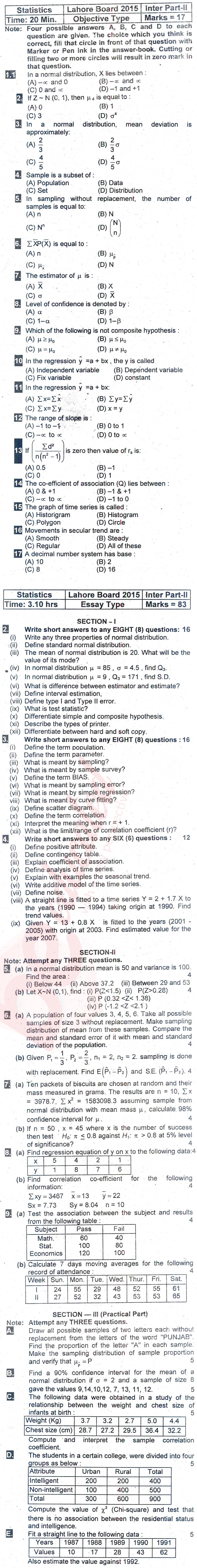 Statistics 12th class Past Paper Group 1 BISE Lahore 2015