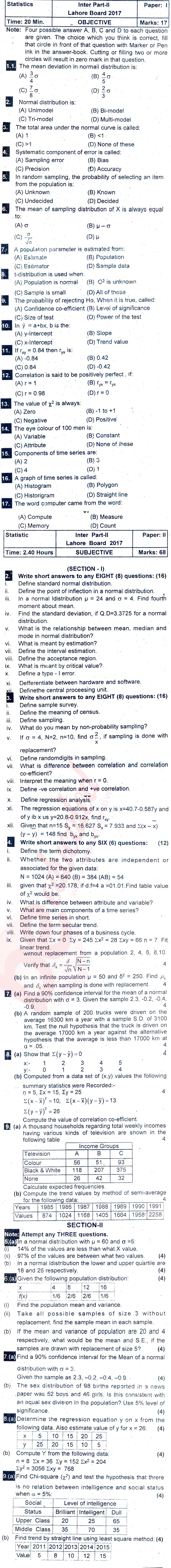 Statistics 12th class Past Paper Group 1 BISE Lahore 2017