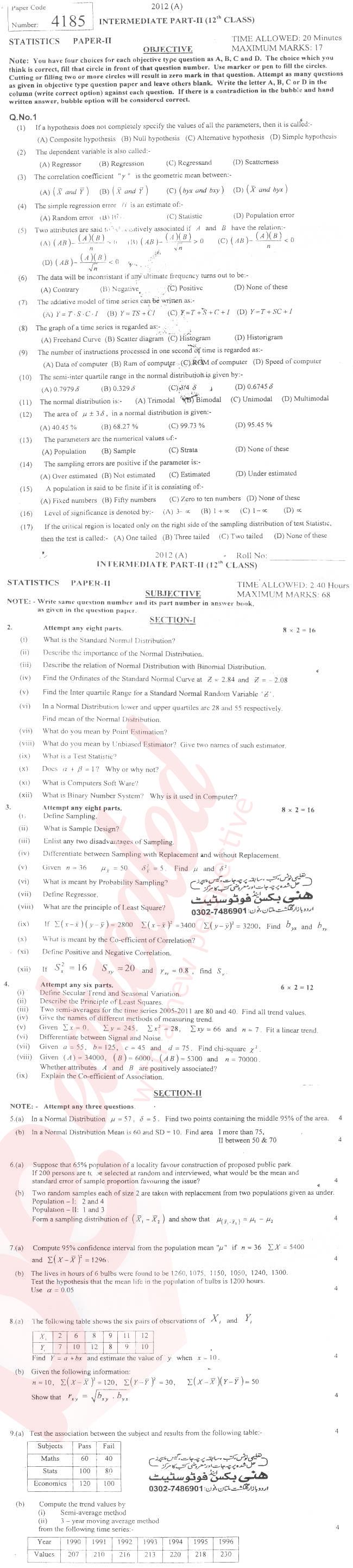 Statistics 12th class Past Paper Group 1 BISE Multan 2012