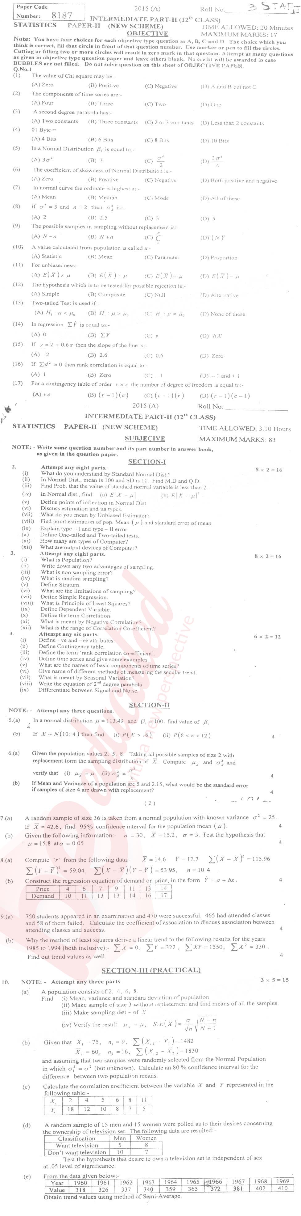 Statistics 12th class Past Paper Group 1 BISE Multan 2015