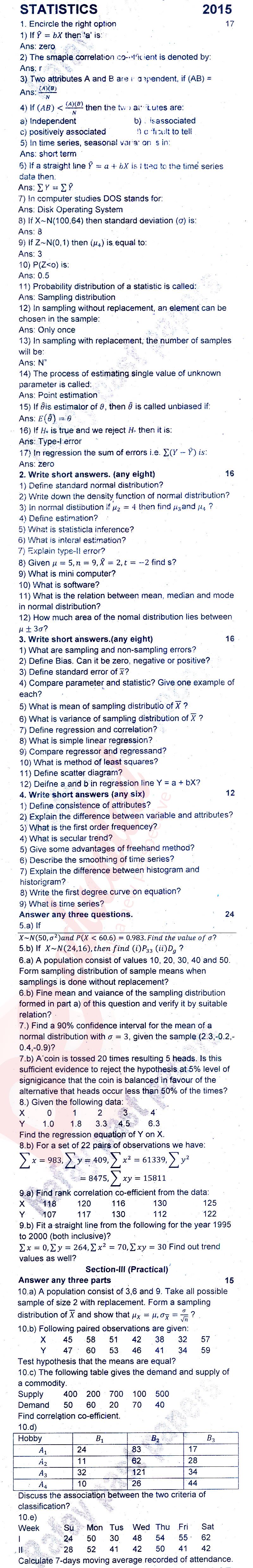 Statistics 12th class Past Paper Group 1 BISE Rawalpindi 2015