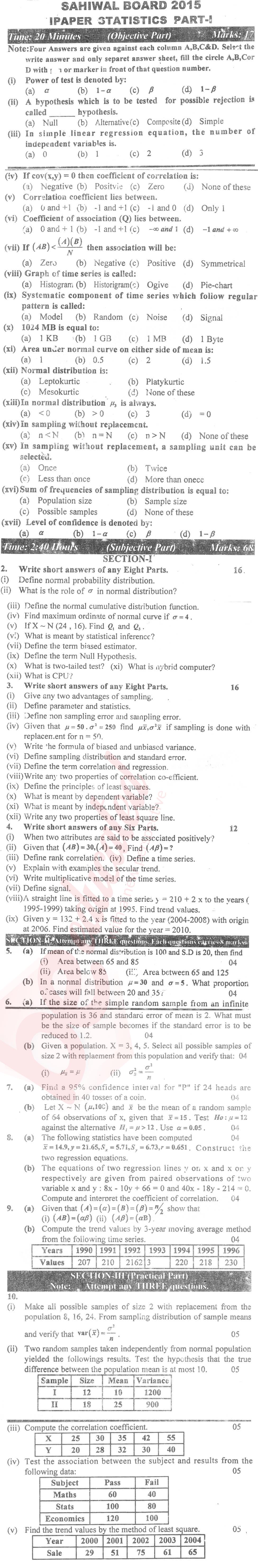 Statistics 12th class Past Paper Group 1 BISE Sahiwal 2015