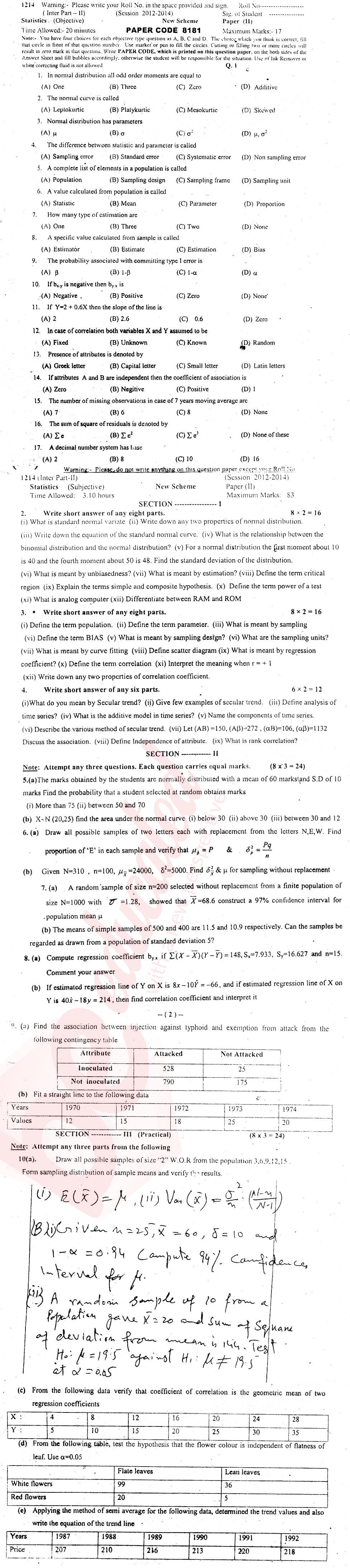 Statistics 12th class Past Paper Group 1 BISE Sargodha 2014