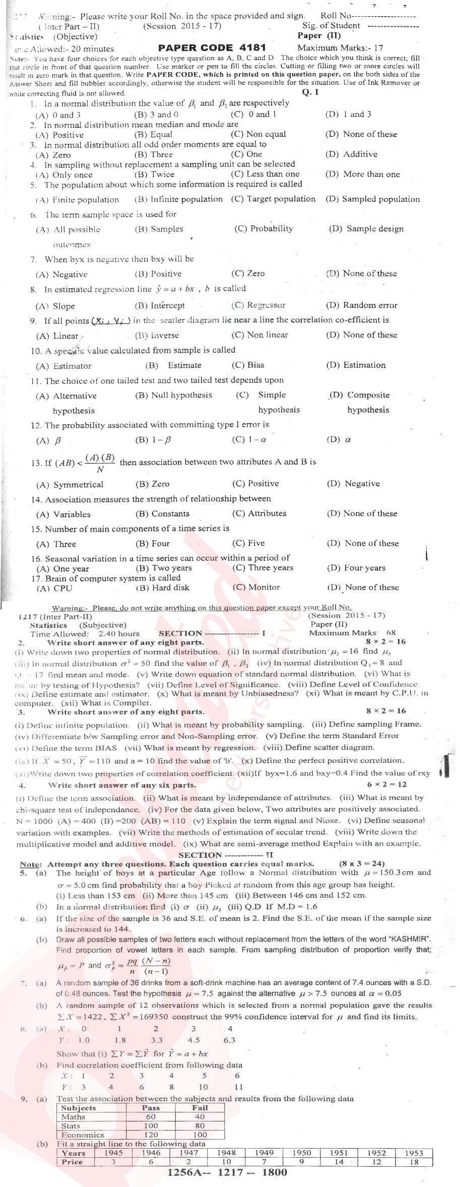 Statistics 12th class Past Paper Group 1 BISE Sargodha 2017