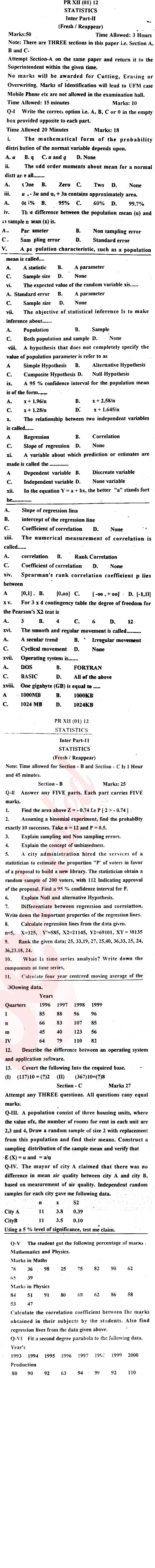 Statistics 12th class Past Paper Group 1 BISE Swat 2012