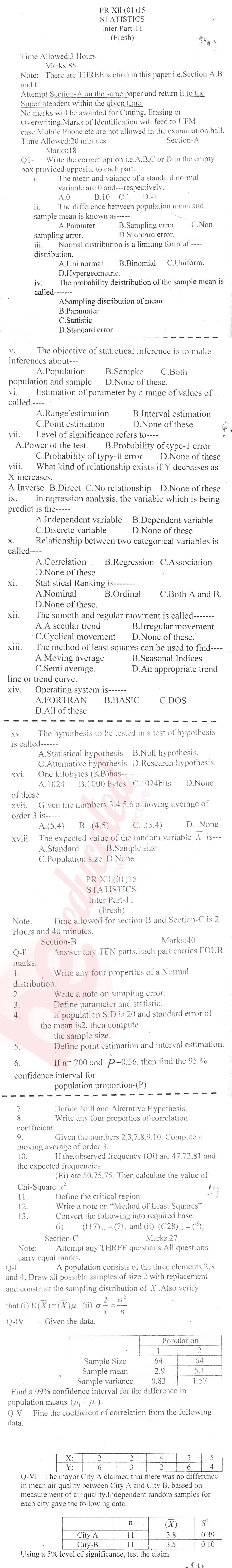 Statistics 12th class Past Paper Group 1 BISE Swat 2015