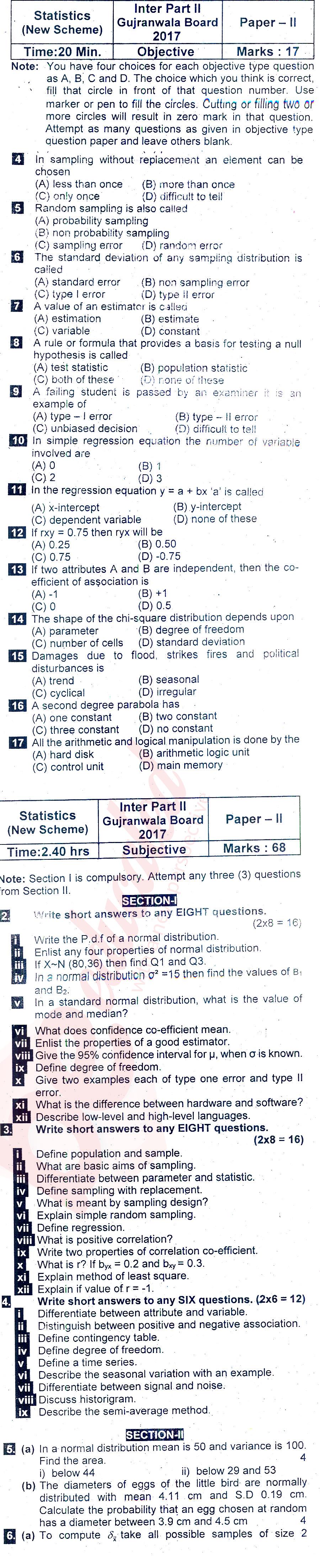 Statistics 12th class Past Paper Group 2 BISE Gujranwala 2017