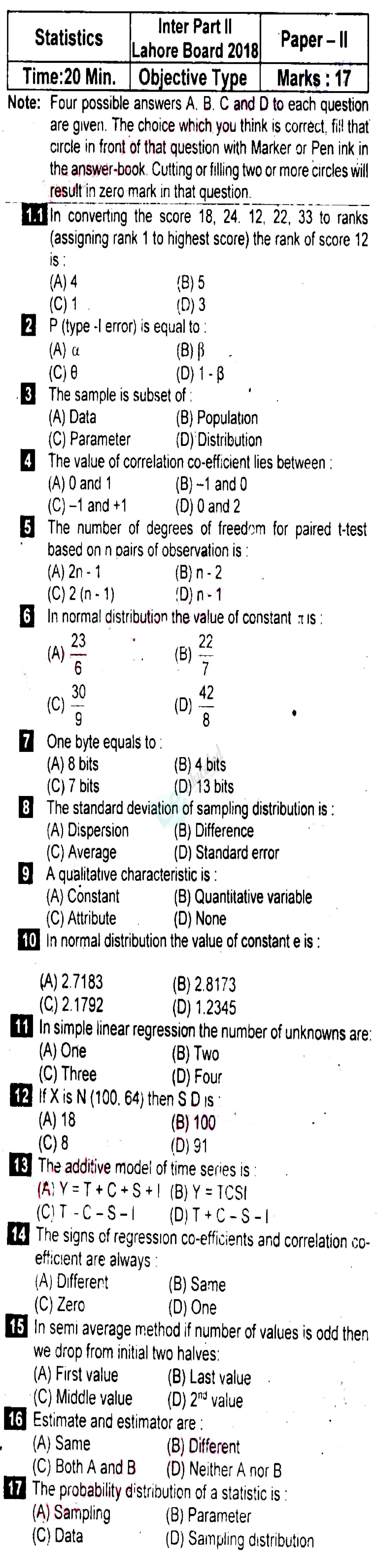 Statistics 12th class Past Paper Group 2 BISE Lahore 2018