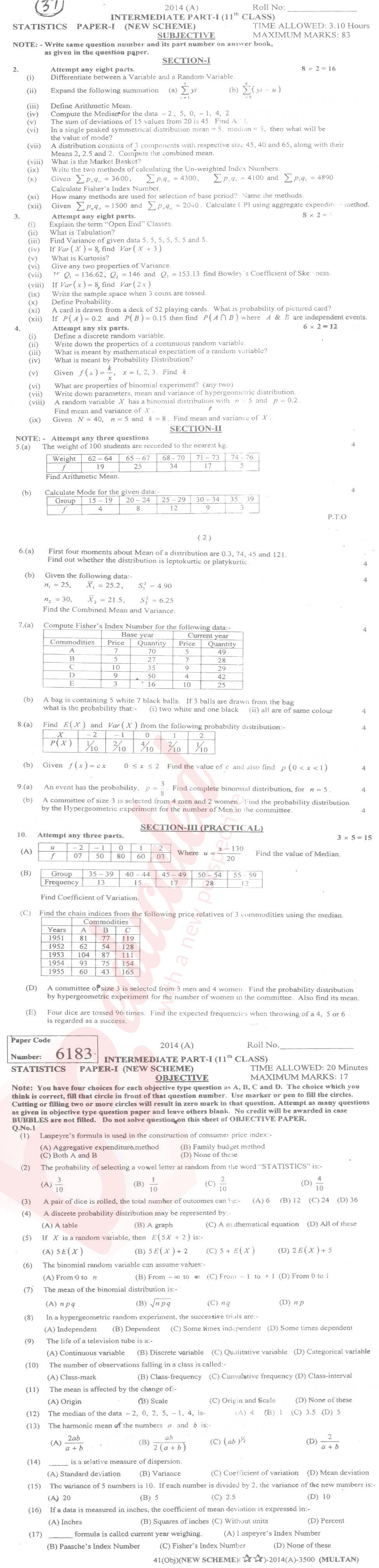 Statistics FA Part 1 Past Paper Group 1 BISE Multan 2014
