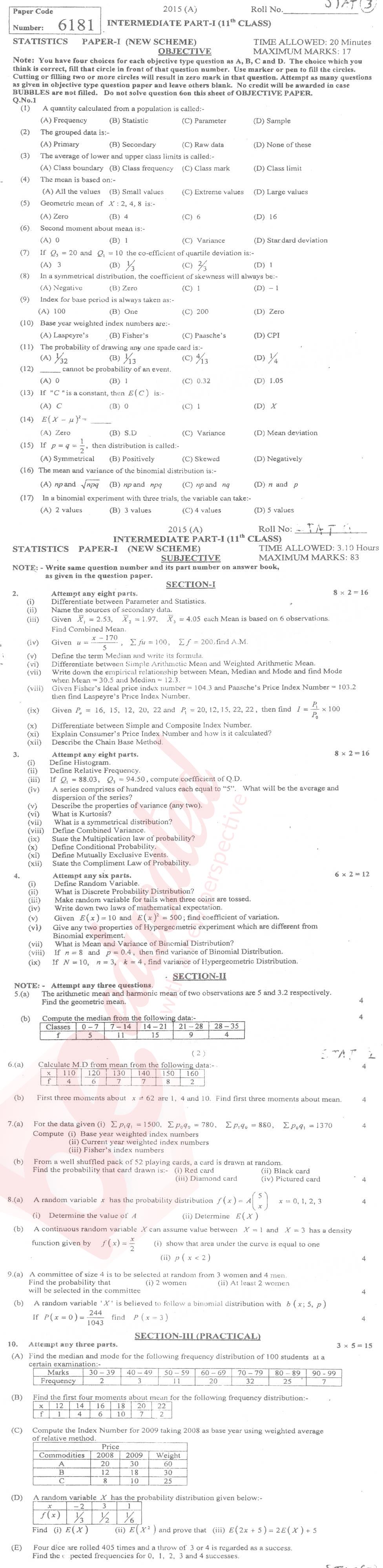 Statistics FA Part 1 Past Paper Group 1 BISE Multan 2015