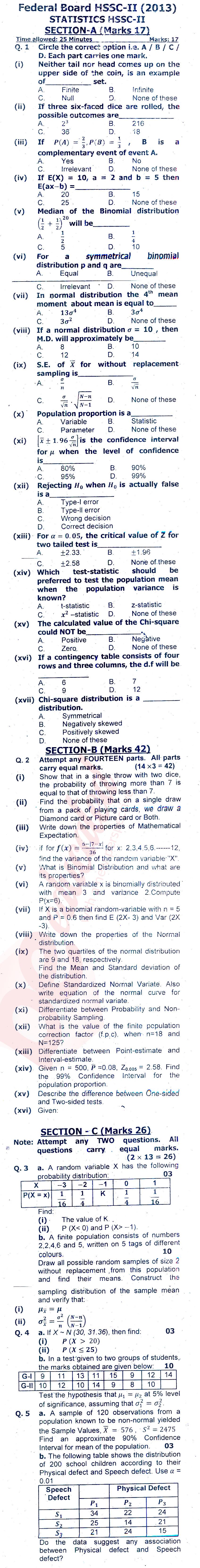 Statistics FSC Part 2 Past Paper Group 1 Federal BISE  2013