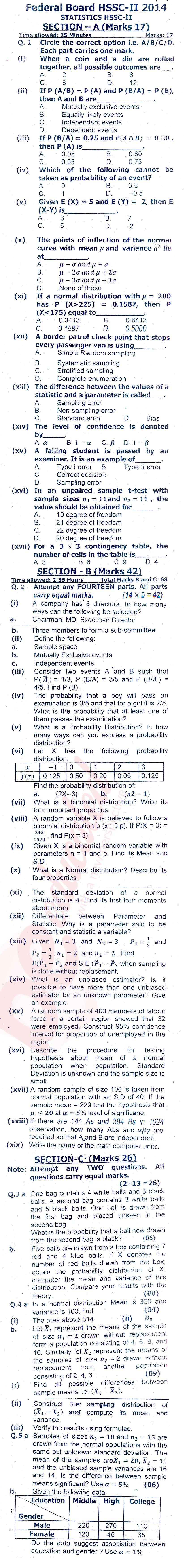 Statistics FSC Part 2 Past Paper Group 1 Federal BISE  2014