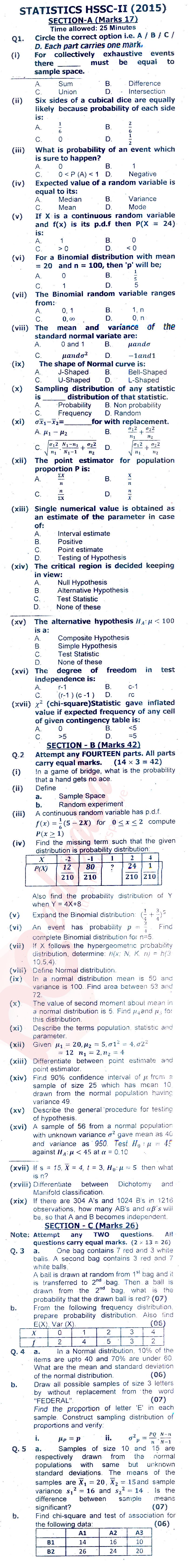 Statistics FSC Part 2 Past Paper Group 1 Federal BISE  2015