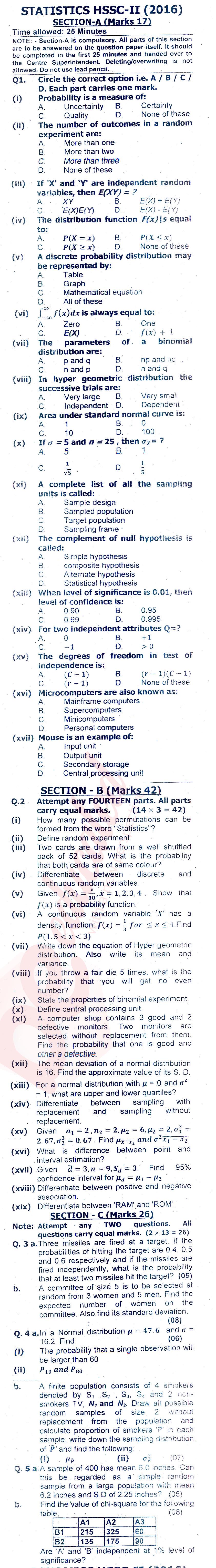 Statistics FSC Part 2 Past Paper Group 1 Federal BISE  2016