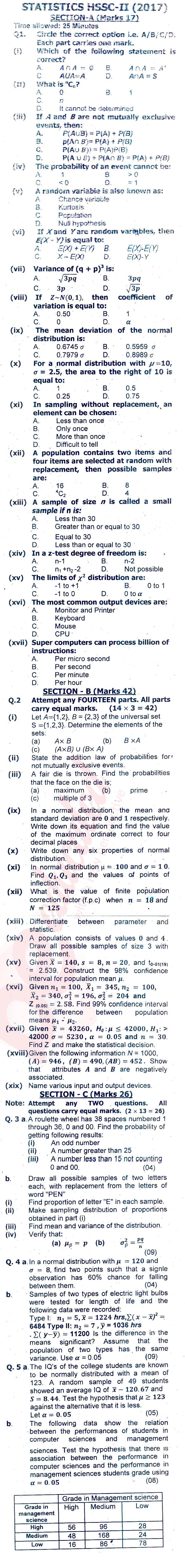 Statistics FSC Part 2 Past Paper Group 1 Federal BISE  2017