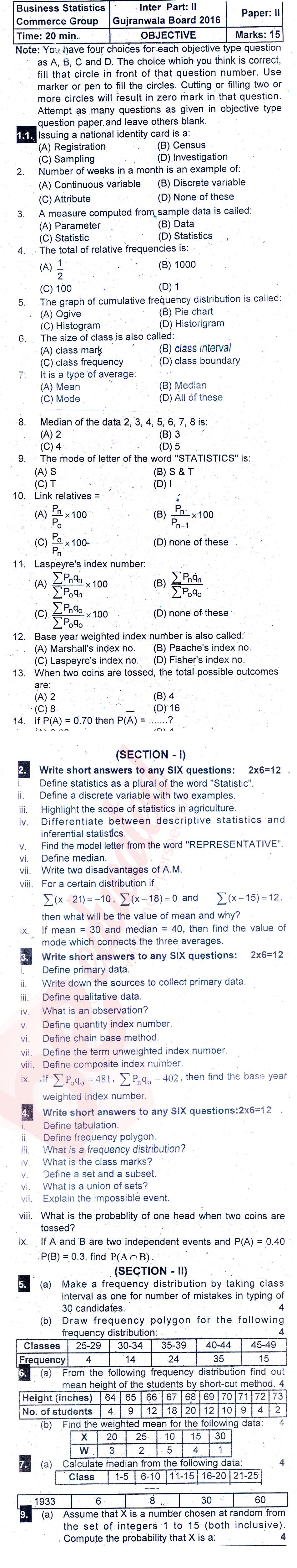 Statistics ICOM Part 2 Past Paper Group 1 BISE Gujranwala 2016