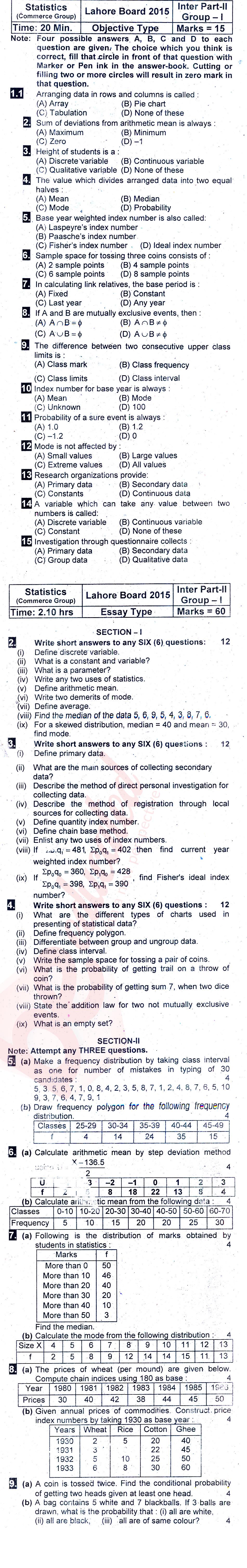 Statistics ICOM Part 2 Past Paper Group 1 BISE Lahore 2015