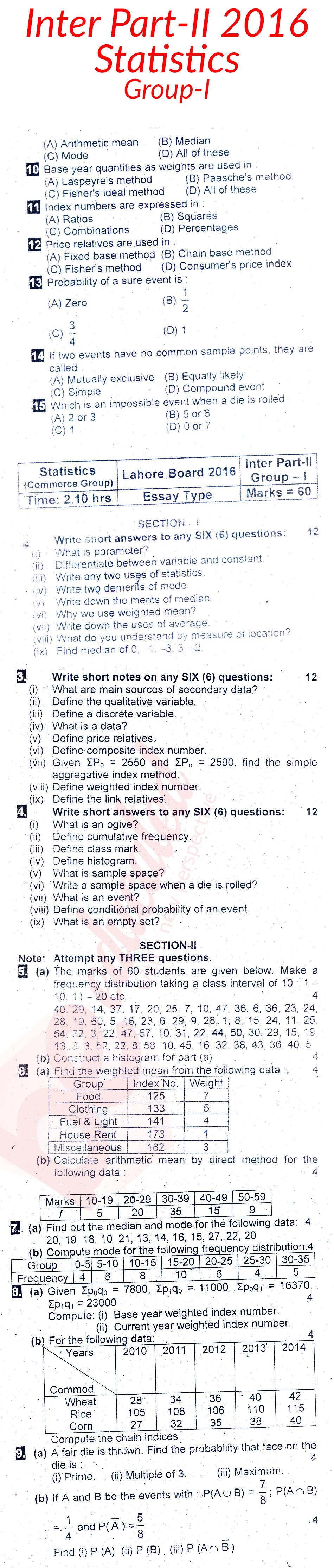 Statistics ICOM Part 2 Past Paper Group 1 BISE Lahore 2016