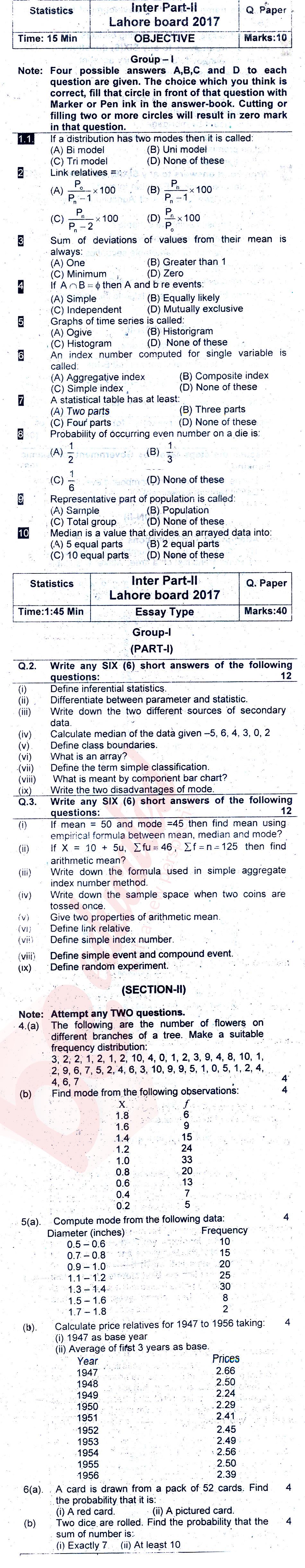 Statistics ICOM Part 2 Past Paper Group 1 BISE Lahore 2017