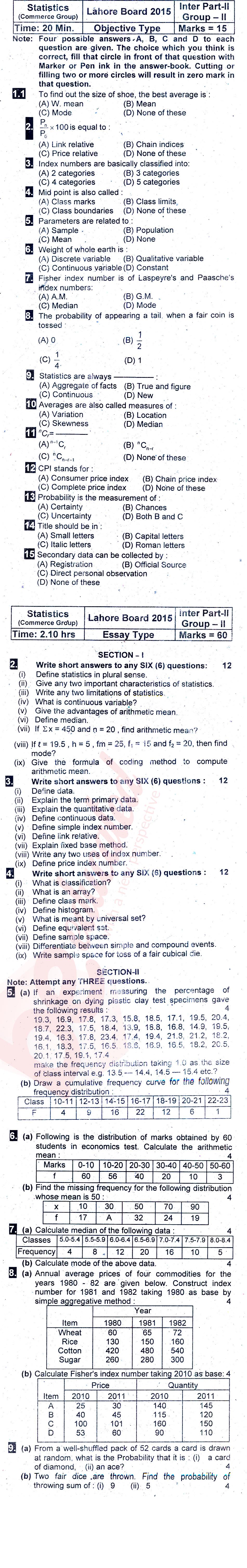 Statistics ICOM Part 2 Past Paper Group 2 BISE Lahore 2015