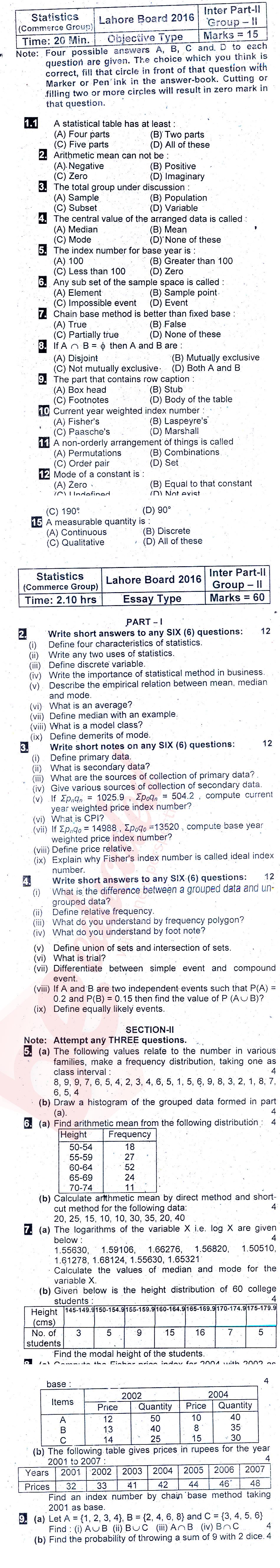 Statistics ICOM Part 2 Past Paper Group 2 BISE Lahore 2016