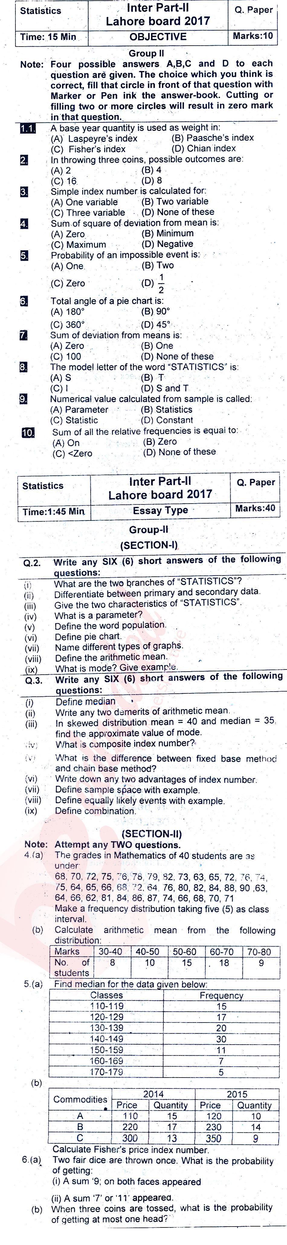 Statistics ICOM Part 2 Past Paper Group 2 BISE Lahore 2017
