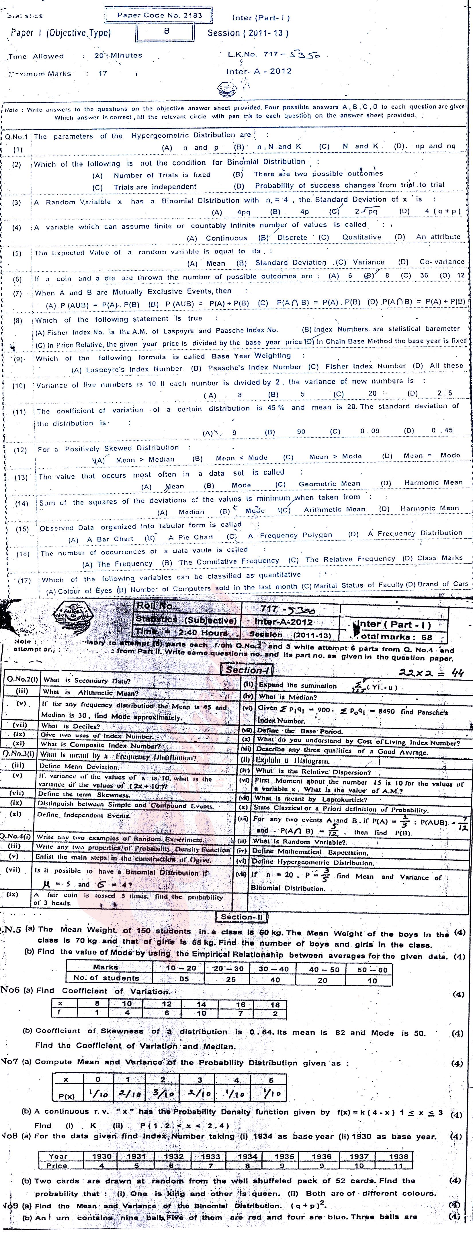 Statistics ICS Part 1 Past Paper Group 1 BISE Bahawalpur 2012