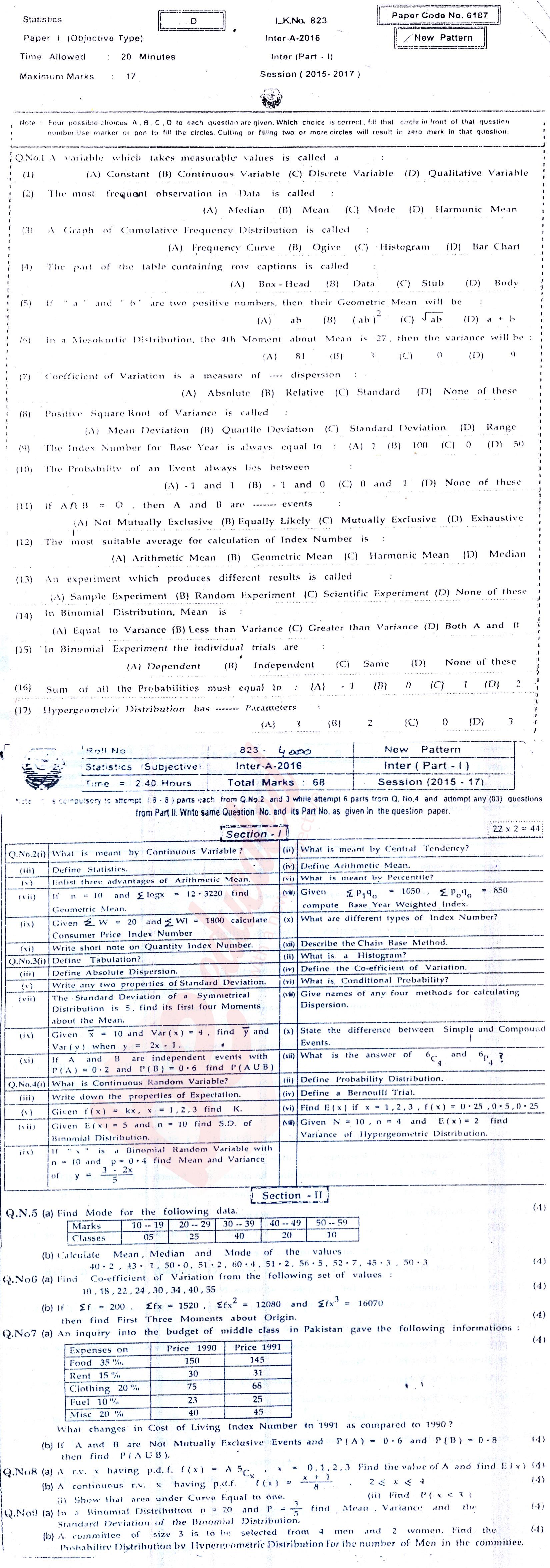 Statistics ICS Part 1 Past Paper Group 1 BISE Bahawalpur 2016