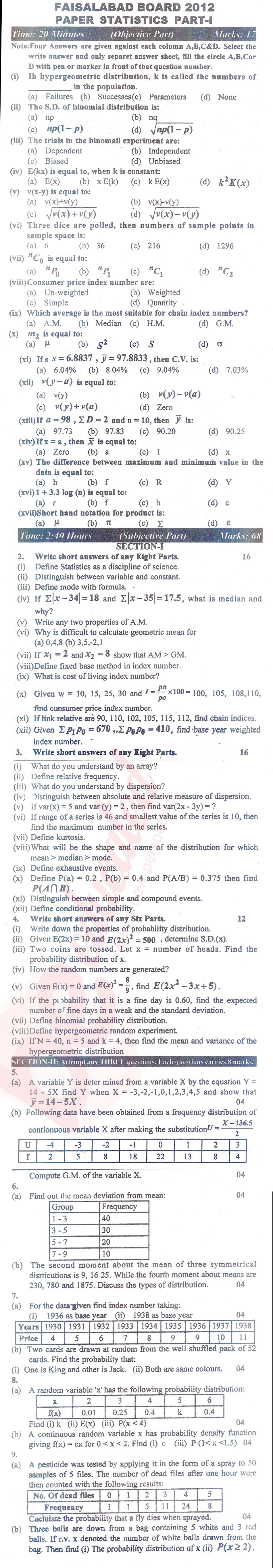 Statistics ICS Part 1 Past Paper Group 1 BISE Faisalabad 2012