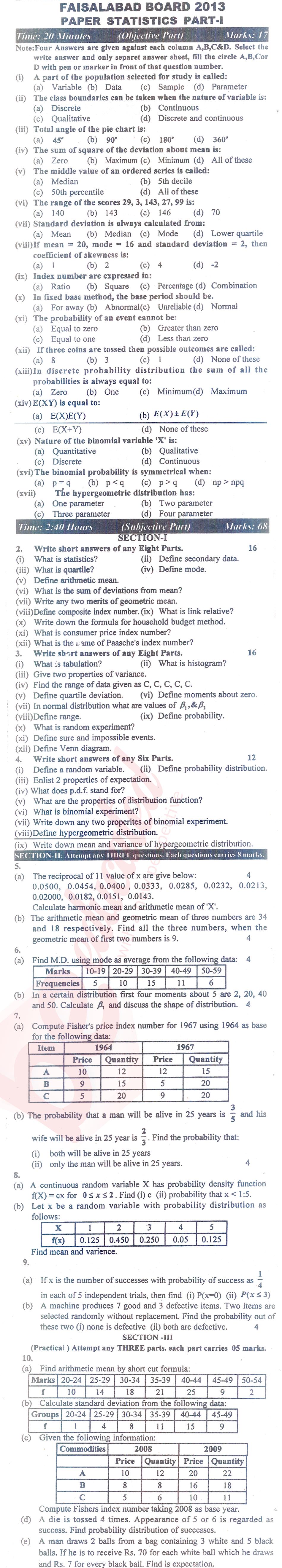 Statistics ICS Part 1 Past Paper Group 1 BISE Faisalabad 2013