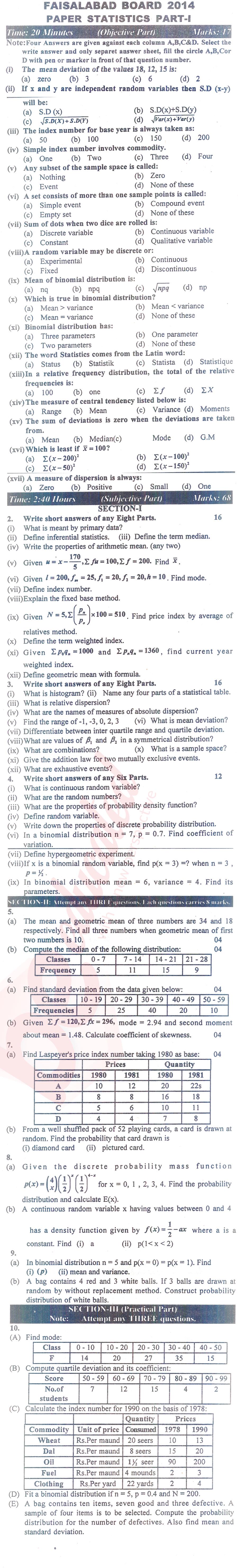 Statistics ICS Part 1 Past Paper Group 1 BISE Faisalabad 2014