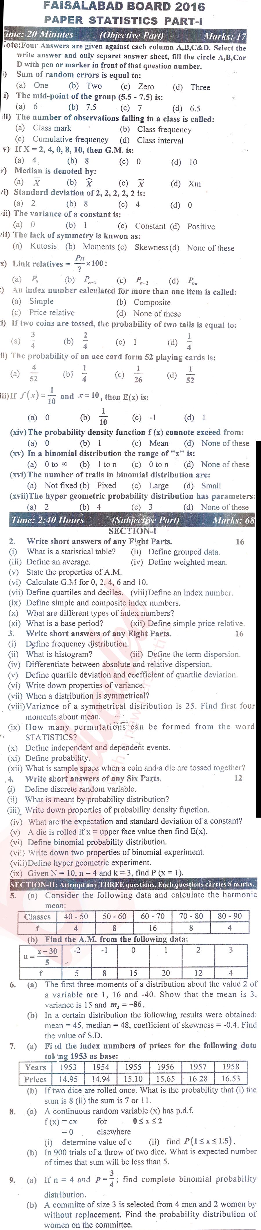 Statistics ICS Part 1 Past Paper Group 1 BISE Faisalabad 2016