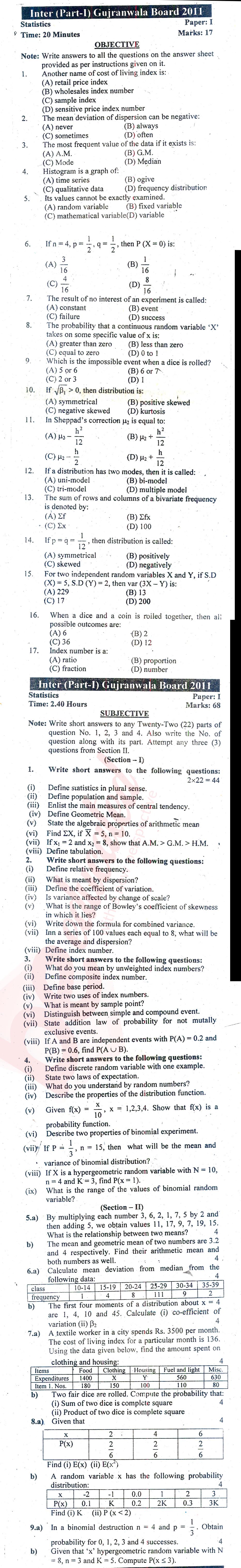 Statistics ICS Part 1 Past Paper Group 1 BISE Gujranwala 2011