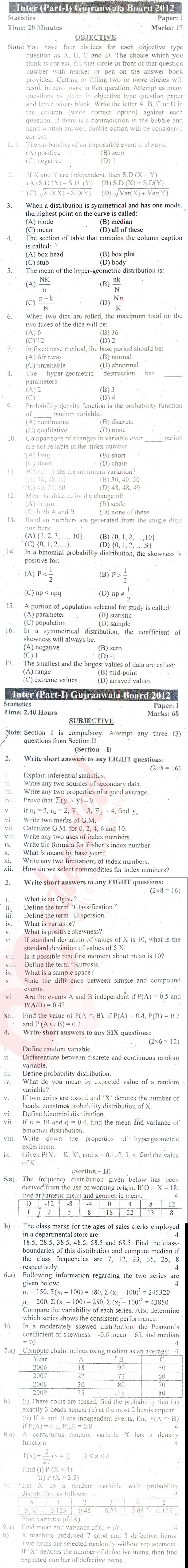 Statistics ICS Part 1 Past Paper Group 1 BISE Gujranwala 2012