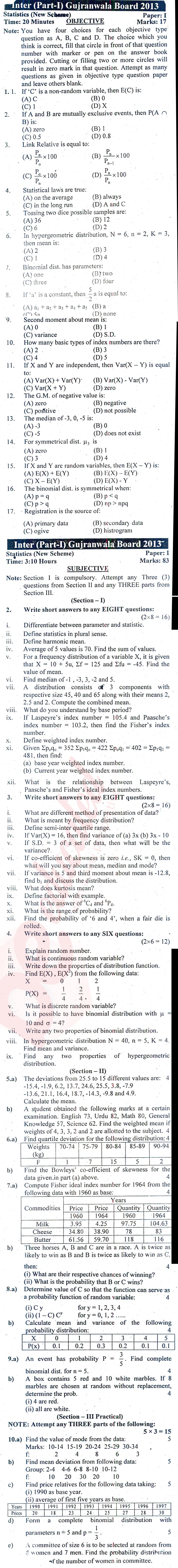 Statistics ICS Part 1 Past Paper Group 1 BISE Gujranwala 2013