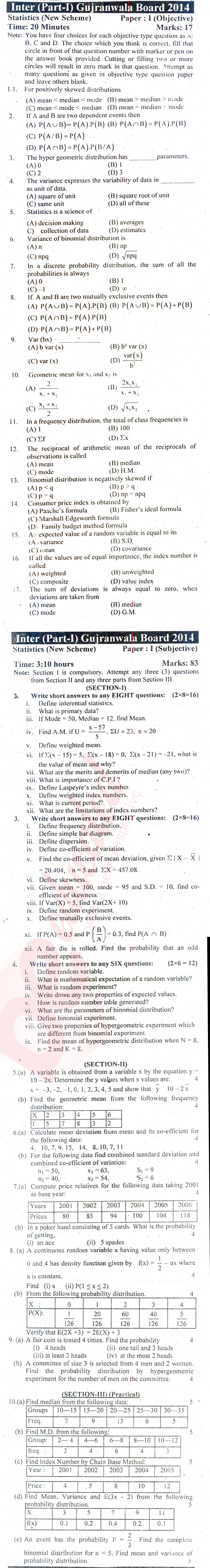 Statistics ICS Part 1 Past Paper Group 1 BISE Gujranwala 2014