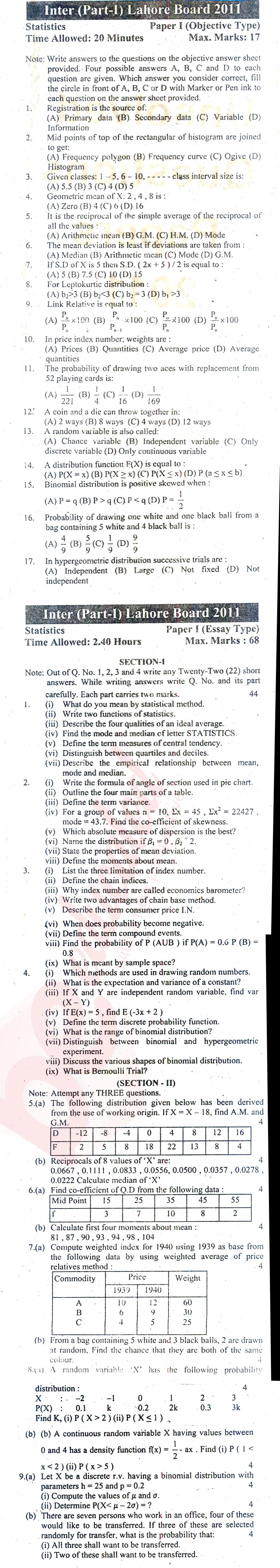 Statistics ICS Part 1 Past Paper Group 1 BISE Lahore 2011