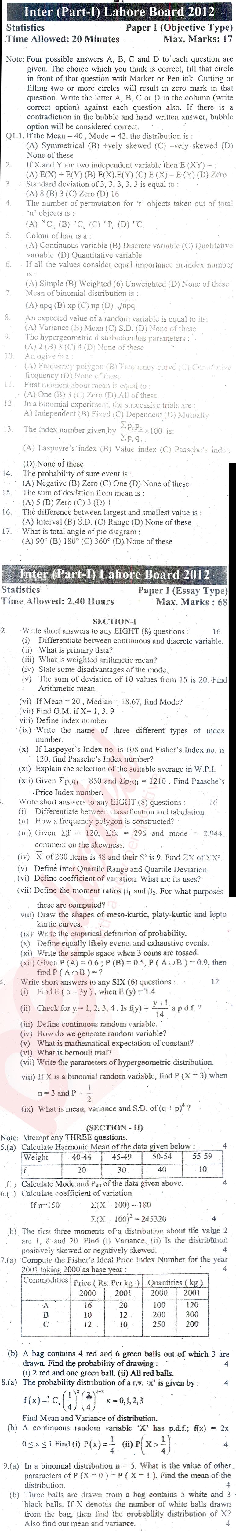 Statistics ICS Part 1 Past Paper Group 1 BISE Lahore 2012