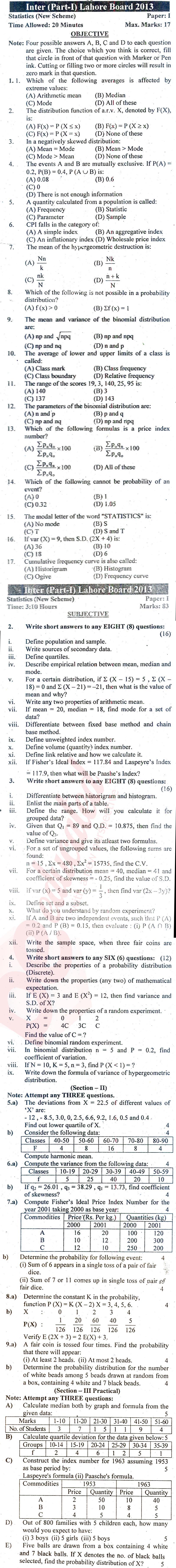 Statistics ICS Part 1 Past Paper Group 1 BISE Lahore 2013