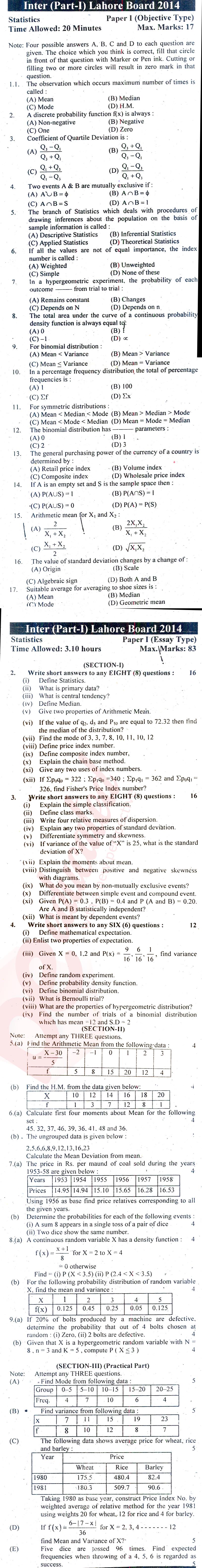 Statistics ICS Part 1 Past Paper Group 1 BISE Lahore 2014