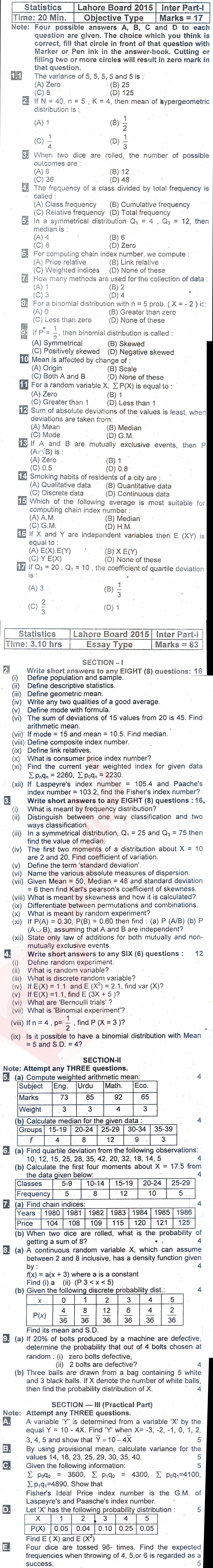 Statistics ICS Part 1 Past Paper Group 1 BISE Lahore 2015